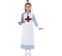 Smiffys WW1 Nurse Costume, Blue Dress, Mock Apron and Headpiece, Girls Fancy Dress, Child Dress Up Costumes