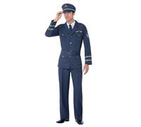 Smiffys WW2 Air Force Captain Costume, Blue with Trousers, Jacket, Hat & Tie, 1940's Wartime Fancy Dress, 1940s Dress Up Costumes