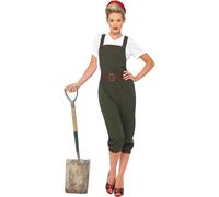 Smiffys WW2 Land Girl Costume, Green Top, Dungarees and Headscarf, 1940's Wartime Fancy Dress, 1940s Dress Up Costumes