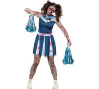 Smiffys Zombie Cheerleader Costume, Blue with Dress & Pom Poms, Halloween Adult