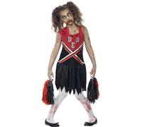 Zombie Cheerleader Costume, Red & Black, With Blood Stained Dress & Pom Poms - zombie cheerleader costume halloween fancy dress girls outfit kids