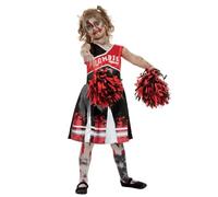 Smiffys Zombie Cheerleader Costume, Red with Dress & Pom Poms, Halloween Child Fancy Dress, Zombie Dress Up Costumes