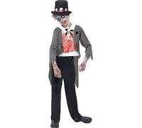 Smiffys Zombie Groom Costume, Black with Jacket, Printed Mock Shirt, Trousers & Hat, Halloween Child Fancy Dress, Zombie Dress Up Costumes