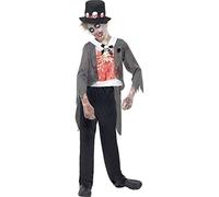 Smiffys Zombie Groom Costume, Black with Jacket, Printed Mock Shirt, Trousers & Hat, Halloween Child Fancy Dress, Zombie Dress Up Costumes