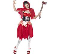 Smiffys Zombie Hooded Beauty Costume, Red with Dress, Latex Chest & Hood, Halloween Zombie Alley Fancy Dress, Zombie Dress Up Costumes