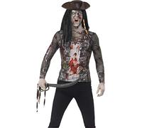 Smiffys Zombie Pirate T-Shirt, Green with Sublimation Print, Halloween Zombie Alley Fancy Dress, Pirate Dress Up Costumes