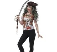Smiffys Zombie Pirate Wench T-Shirt, Green with Sublimation Print, Halloween Zombie Alley Fancy Dress, Pirate Dress Up Costumes