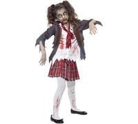 Girls Zombie School Girl Costume Horror Halloween Fancy Dress Child Outfit