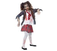 Smiffys Zombie School Girl Costume, Grey with Skirt, Jacket, Mock Shirt & Tie, Halloween Child Fancy Dress, Zombie Dress Up Costumes