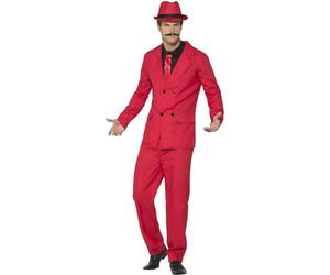 Smiffys Zoot Suit, Red with Jacket, Trousers, Hat, Mock Shirt & Tie, 1920's Razzle Fancy Dress, Gangster Dress Up Costumes