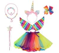 Smilcloud 7Pcs Unicorn Dress Costume, Unicorn Tutu Skirt Unicorn Headband Outfits for Girls Rainbow Princess Fancy Dress up with Unicorn Headband Angel Wings Fairy Wand for Party Cosplay Costume