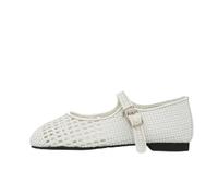 Smile Circle Woven Mary Jane Flats for Women, Closed Toe, Adjustable Buckle Strap, Breathable Dressy Casual Shoes, Rubber Outsole, White, 5 UK