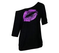 Smile Fish Women 80s Top Sexy Lips Print Off Shoulder T-Shirt Fancy Dress,Black Purple,3XL