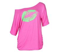 Smile Fish Women Casual Oversized Sexy Lips Print Off Shoulder T-Shirt Long Sleeve Pullover, Pink-green, S