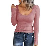 Smile Fish Women Long Sleeve Scoop Neck Ribbed Fitted Knit Shirt Basic T-Shirts, Pink M