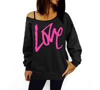 Smile Fish Women's Sexy Slouchy 80s Party Outfit Sweatshirt Off Shoulder Love Printed Shirt(0096,Love-Black-Rose,S)