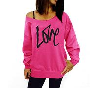 Smile Fish Women's Sexy Slouchy 80s Party Outfit Sweatshirt Off Shoulder Love Printed Shirt(0096,Love-Rose-Black,S)