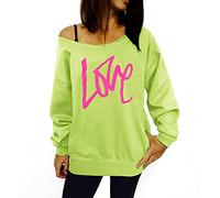 Smile Fish Women's Sexy Slouchy 80s Party Outfit Sweatshirt Off Shoulder Love Printed Shirt(0096,Love-NeonGreen-Rose,S)