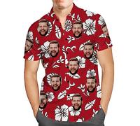 Smile lab Custom Mens Hawaiian Shirt with Face Personalised Photo Tropical Floral Aloha Beach Shirt Funny Gifts for Men Husband Bf Dad Red