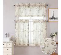 SMILE WEAVER Kitchen Curtains Tiers and Valances Set 3 Piece,Floral Short Semi Sheer Linen Curtains for Bedroom/Living Room,Light Filtering Window Drapes for Bathroom(Nature,52Wx18L&26Wx36L)
