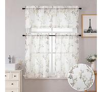 SMILE WEAVER Kitchen Curtains Tiers and Valances Set 3 Piece,Floral Short Semi Sheer Linen Curtains for Bedroom/Living Room,Light Filtering Window Drapes for Bathroom(White,52Wx18L&26Wx36L)