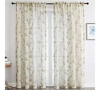 SMILE WEAVER Nature Yellow Sheer Curtains 54 inch Length for Living Room,Light Filtering Curtain 2 Panels,Voile Linen Textured Semi Sheer Floral Curtains for Bedroom/Kitchen Window Drapes