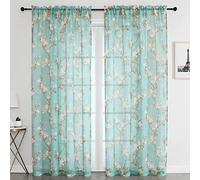 SMILE WEAVER Turquoise Sheer Curtains 63 inch Length 2 Panels for Living Room,Floral Semi Sheer Curtain-Rod Pocket Voile Linen Textured Privacy Light Filtering Window Drapes for Bedroom