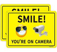 Smile You Are On Camera Signs CCTV Smiley Surveillance Signs 10 x 7 Inches Warning Safety Video Security Sign Metal Rust Aluminum Fade Resistant Easy Mounting Indoor Outdoor Use 2 Pack