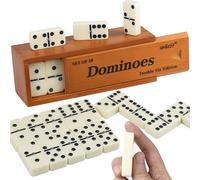 Smilejoy Dominoes Set for Adults, Double 6 Jumbo Domino Set | Traditional Thick Size Double Six Domino Game | 28 Retro Dominos Pieces with Luxury Brown Wood Box (2-4 Players)