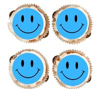 Smiley Face - Edible Cupcake Toppers - 90s Retro - Vanilla Flavoured Icing Cupcake Decoration - 2 Sizes To Choose From (Blue, 15 x 50mm)
