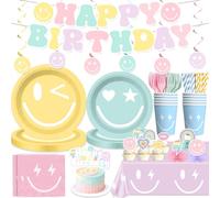 Smiley Face Pastel Plates and Napkins Birthday Decorations, Preppy Birthday Banner Smiley Face Cups Table Cloth Cake Toppers pastel Colorful Rainbow Preppy Y2k Party Decorations