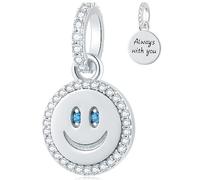 Smiley Face Pendant Charm with Blue CZ Eye fit Pandora Lucky Necklace Bracelet, 925 Sterling Silver Happy Smile Emoji Always with You Round Beads, Gift for Birthday/Friends/Mum
