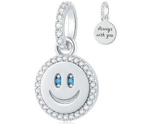 Smiley Face Pendant Charm with Blue CZ Eye fit Pandora Lucky Necklace Bracelet, 925 Sterling Silver Happy Smile Emoji Always with You Round Beads, Gift for Birthday/Friends/Mum