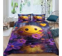 Smiley Face Purple Bedding Set 3D Design Gothic Themes Duvet Cover Set 3 Pieces Microfiber Quilt Cover Suitable for Family,couple,children with Pillowcase King（220x240cm）