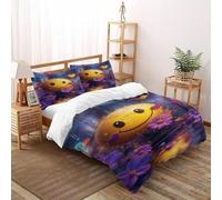 Smiley Face Purple Bedding Set Floral Printed Gothic Themes Duvet Cover Set Chic Breathable Quilt Cover Suitable for Family,couple,children with Pillow Double（200x200cm）