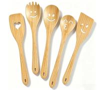 Smiley Face Wooden Spoons Set, 5-Piece Organic Bamboo Cooking Utensils | Cute Kitchen Gadgets with Smooth Splinter-Free Finish, Heat Resistant Funny Spatula for Daily Cooking & Gifting