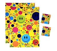 Smiley Faces Happy Birthday Gift Wrap Pack, 2 Sheets Wrapping Paper, 2 Tags