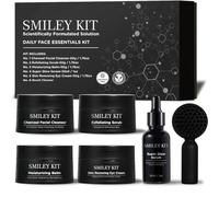 SMILEY KIT [All-in-One Facial Care]:This premium set includes 6 pieces of charcoal cleanser, exfoliator, moisturizing balm, highlighter serum, eye cream and brush cleanser.