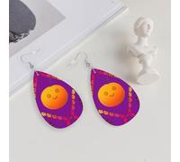Smiley Orange Printed leather earrings with teardrop-shaped dangling design, light and soft.