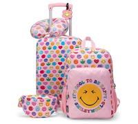 SMILEYWORLD Adventure 18" Airline Approved Carry-on Suitcase | Lightweight Polycarbonate and ABS Suitcases with 360° Wheels & Organized Interior, Cool to be Happy, 5-Piece Set, Smileyworld Adventure