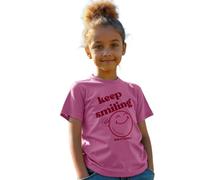 SmileyWorld Girls Pink T-Shirt - “Keep Smiling” Front Print & “Everything Will Be Fine” Back | Short Sleeve Crew-Neck Cotton Tee | Positive Graphic Top for Kids & Teens (Ages 9-17)
