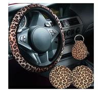 SMILFUY 4pc Car Accessories Set, Leopard Cheetah Print Steering Wheel Cover (14-15 inches), 2pcs Car Cup Holder, Quarter Keyring, Universal