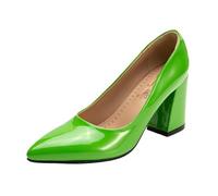 Smilice Chunky Heel Pumps for Women 8cm Block Heel | Pointed Toe Patent PU Court Shoes with Slip-On Design | Grippy Rubber Sole for Work & Social Green