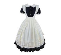 Smiling Angel Victorian Gothic Lolita Dress Lace Trim Short Sleeve Peter Pan Collar Vintage Maid Costume with Ruffled Apron , Black Long, XXL