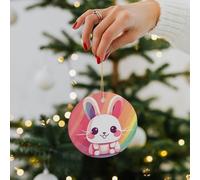 Smiling Bunny Ceramic Christmas Ornaments - 2.8 Inch Round Double-Sided Xmas Tree Decorations with Gold Ribbon for Home Holiday Decor, Gift for Family & Friends