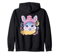 Smiling Bunny Winter Cute Rabbit Portrait Graphic Pink Knit Zip Hoodie