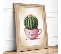 Smiling Cactus Companion Botanical Framed Wall Art Print A4 (29.7×21cm) Oak, Wall Decor for Living Room, Bedroom, Office & Home, Ready to Hang, Art Gift
