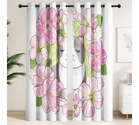 Smiling Cat with Pink & Green Floral Patterns Blackout Curtains - Bright, Innocent, Cheerful, Playful Eyelet Curtains, 2 Window Curtain Panels for Children’s Room