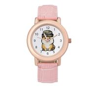 Smiling Corgi Dog in Military Hat Funny Women's Wrist Watch with Leather Strap