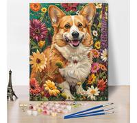 Smiling Dog Paint by Numbers for Adults, DIY Cute Animals Oil Painting Paint by Numbers Kits on Canvas Wall Decor, Colorful Flowers Painting Kits with Brushes and Pigment,(Frameless)16"x20"Inch